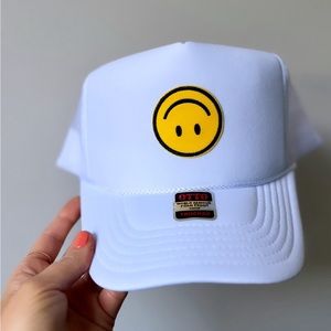 Smiley face white trucker hat